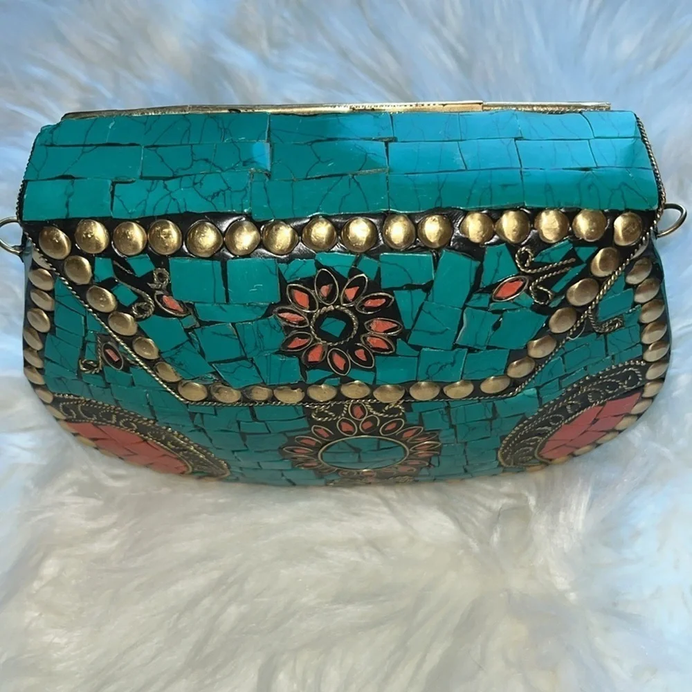 🆕 RAMLA Handmade Moroccan Turquoise Tile Mosaic Clutch Crossbody Bag Gold Chain